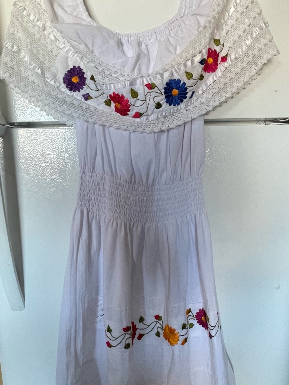 White Off-Shoulder Embroidered Casual Dress with Floral Detail